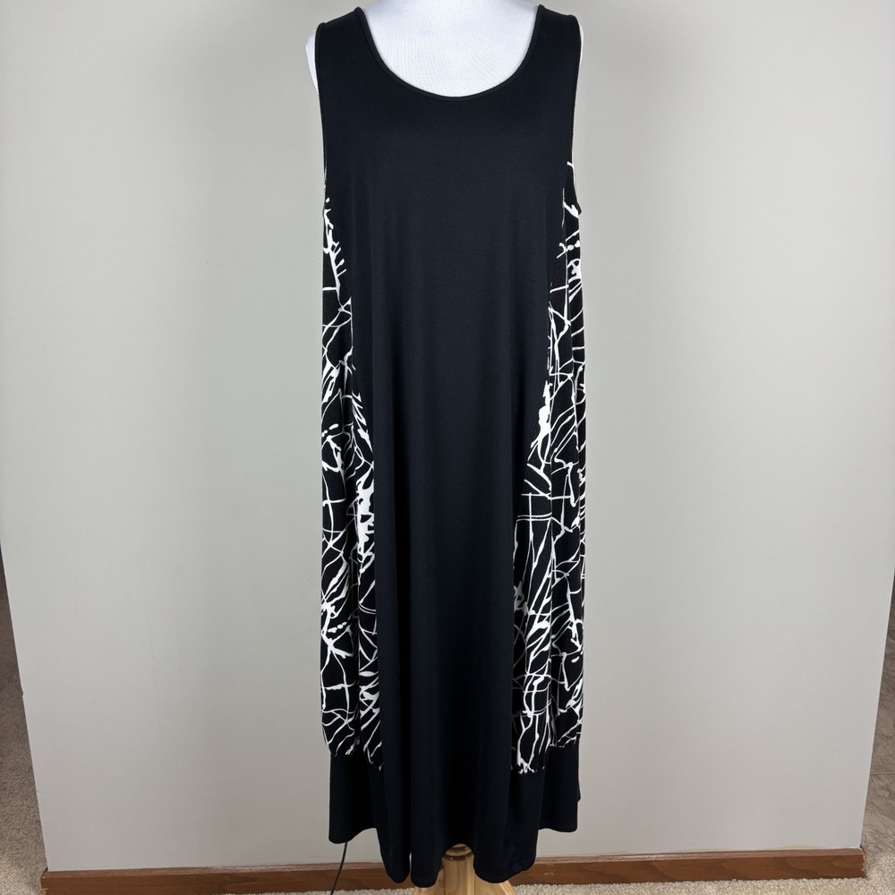 Comfy‎ USA Midi Dress Womens Large Black White Stretch Knit Sleeveless A-Line L